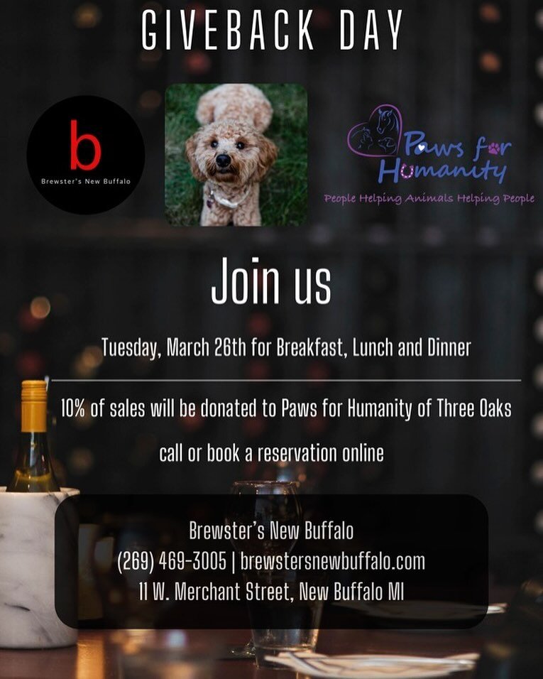 We&rsquo;re honored Brewster&rsquo;s New Buffalo has created a Give back day for us next Tuesday!  Enjoy a wonderful Italian meal, and support us at the same time!  #Animaltherapy  #Animalsanctuary  #Farmsanctuary #Nonprofit  #HarborCountryMichigan #