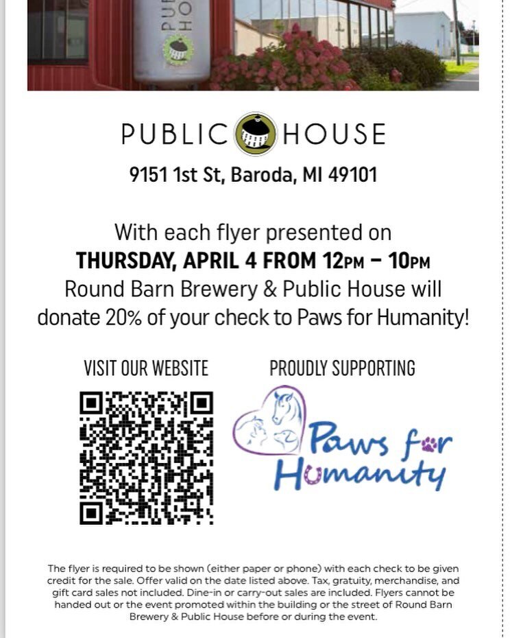 Round Barn Public House is hosting a give back day for us next Thurs - April 4!  Present this flyer at Lunch or dinner and 20% of your check will be donated to our Sanctuary. What a community!  People helping animals helping People.  #Animaltherapy  