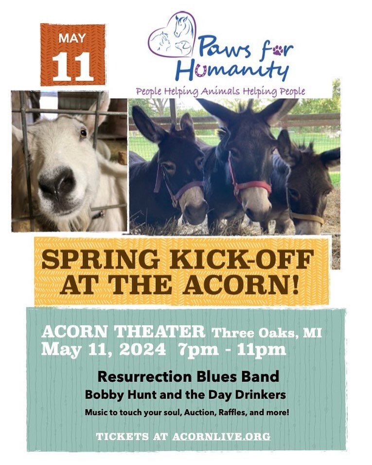 Can&rsquo;t believe we&rsquo;re only 3weeks out!  Come join us for our 3rd annual Kick Off benefit at the Acorn in Three Oaks!  An evening of celebration and soulful connection. Get your tickets today at https://www.acornlive.org/events/paws-5-11-24/