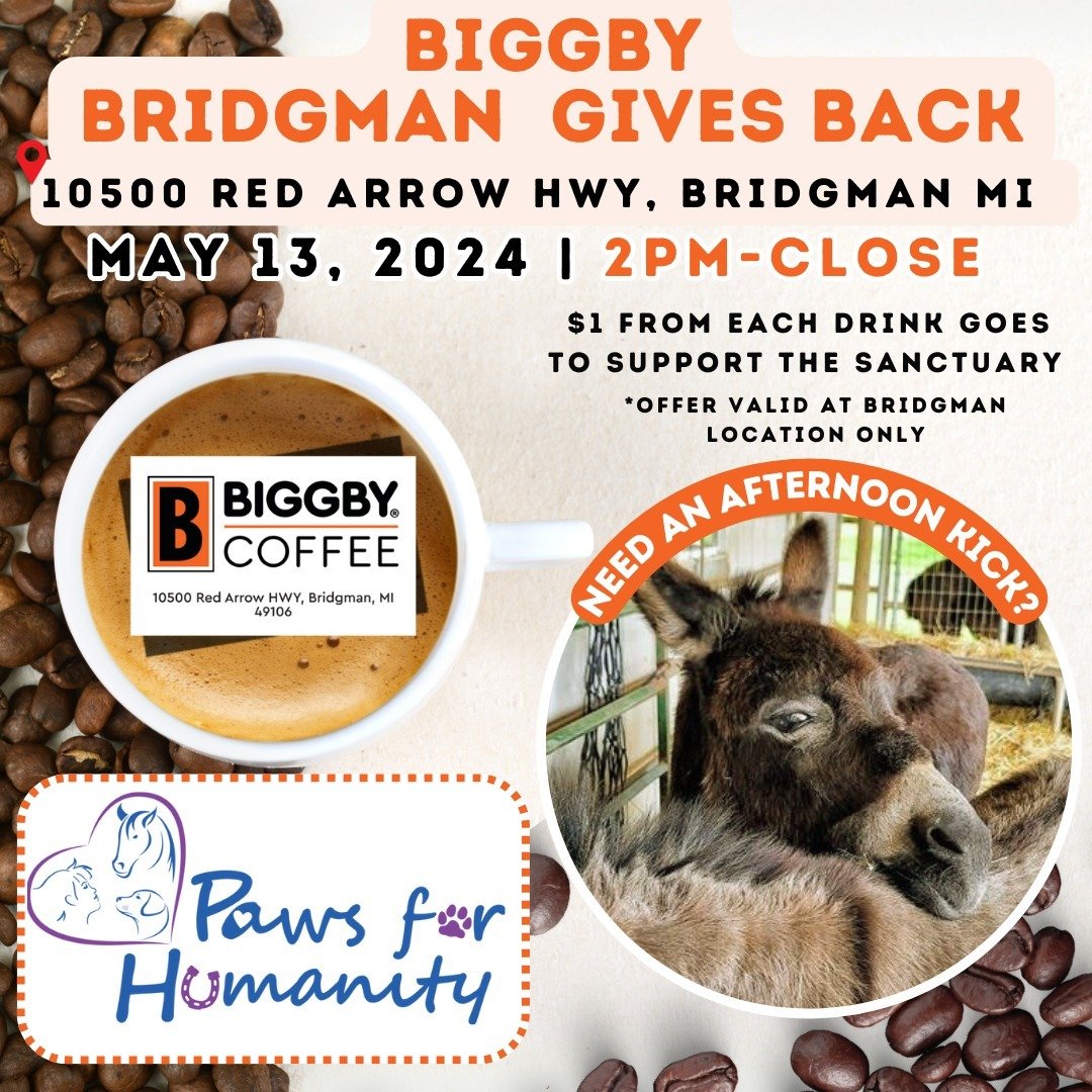Kick that afternoon lag with a brew-tiful blend of coffee and camaraderie! 🫏☕ Please join us on Monday, May 13th at @biggbybridgman from 2-8PM! $1 from each drink goes to support us! Don't be a wonkey, join us at our coffee event and let's espresso 