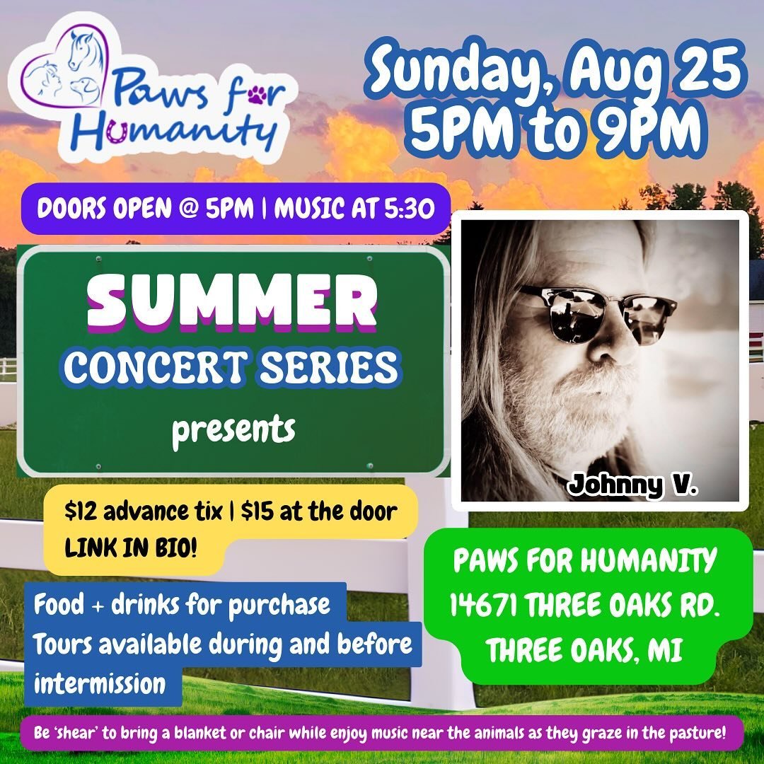 📣🎶Happy Music Monday! We couldn&rsquo;t think of a better way to remind you that our paws-itively awesome Summer Concert Series continues THIS SUNDAY, August 25th with the smooth and sultry sounds of @the_real_johnny_v at our sanctuary! 

Doors ope