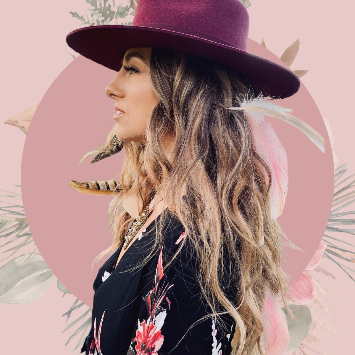 A woman wearing a purple hat with feather embellishments, long wavy hair, and a floral dress, against a pastel pink background with botanical illustrations.
