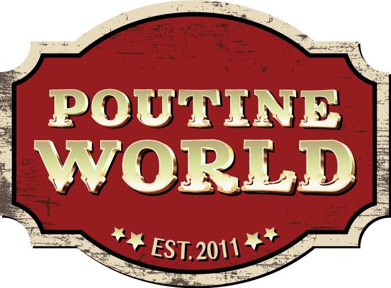 A vintage-style logo for Poutine World, established in 2011, with red and beige colors and decorative stars.