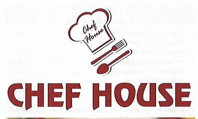 Logo with a chef hat, a fork, a spoon, and a spatula, with the text "Chef House" inside the chef hat and the words "Chef House" in bold red letters below.