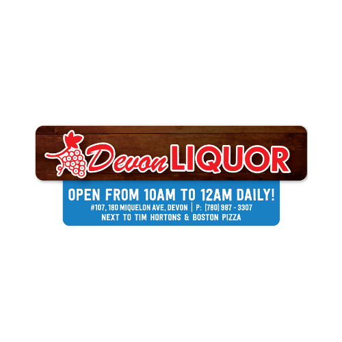 Sign for Dewon Liquor with store hours, address, and nearby landmarks in Devon, Maine.