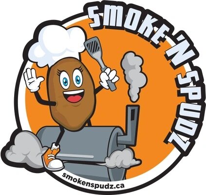 A cartoon potato character wearing a white chef's hat, holding a spatula, standing on a smokestack emitting smoke. The text 'Smokin' Spudz' is curved above it with the website 'smokenspudz.ca' below.