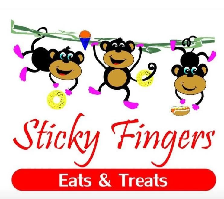 Four cartoon monkeys hanging from a green clothesline with colorful snacks, including donuts, ice cream, and a hot dog. The text below reads "Sticky Fingers" in red and "Eats & Treats" in white on a red background.