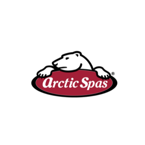 Logo of Arctic Spas featuring a polar bear resting on an oval shape with the brand name.