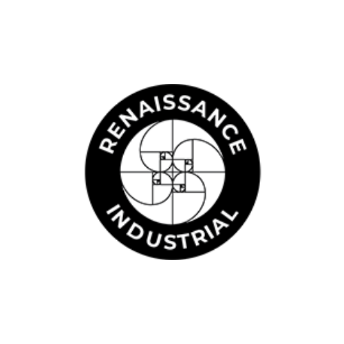A black background with a white circular logo featuring the words 'Renaissance Industrial' around a geometric spiral design.