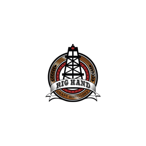 Logo featuring an oil rig with a maple leaf on top, surrounded by a circular border with wheat stalks, and a banner reading 'Big Hand Craft Distillery'.