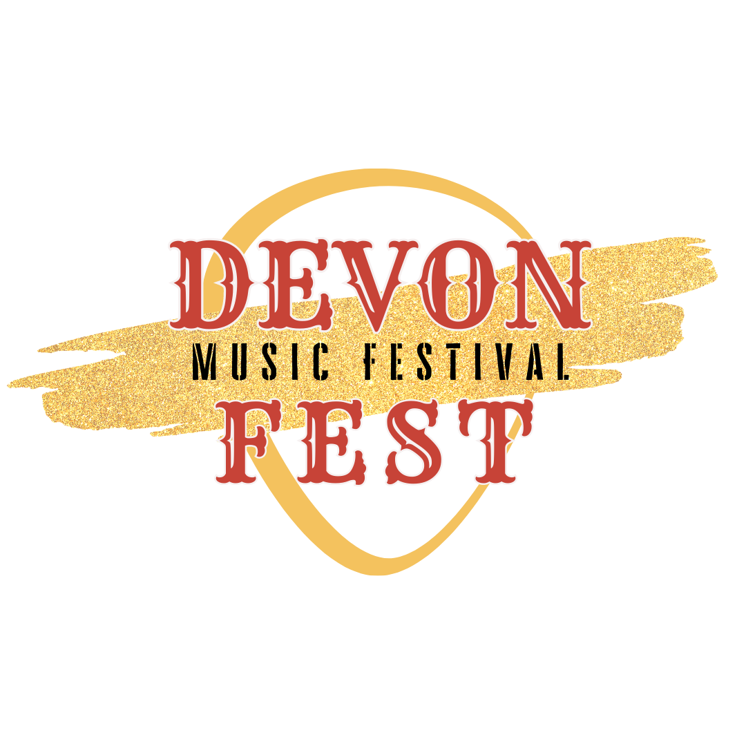 Logo for the Devon Music Festival with gold and red text on a black background.