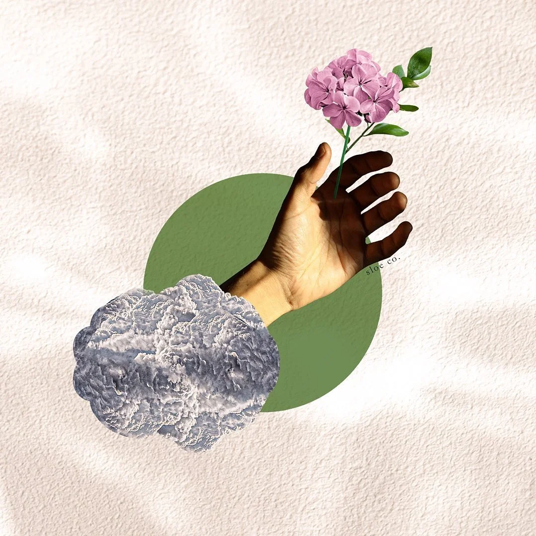Digital collage exploring the word hope, made from a hand, a cloud and florals