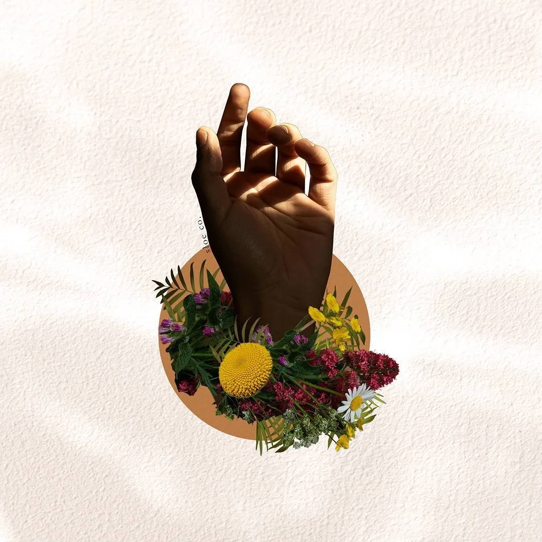 Digital collage exploring the word hope, made from floral, botanical elements and hands