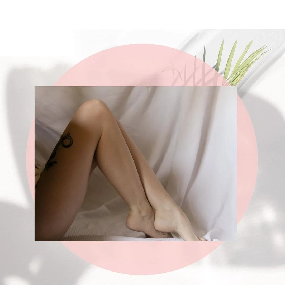 Digital abstract collage exploring the concept of ‘Vulnerability.’ Image shows some crossed legs, shadow photography with pink graphics and botanical elements.