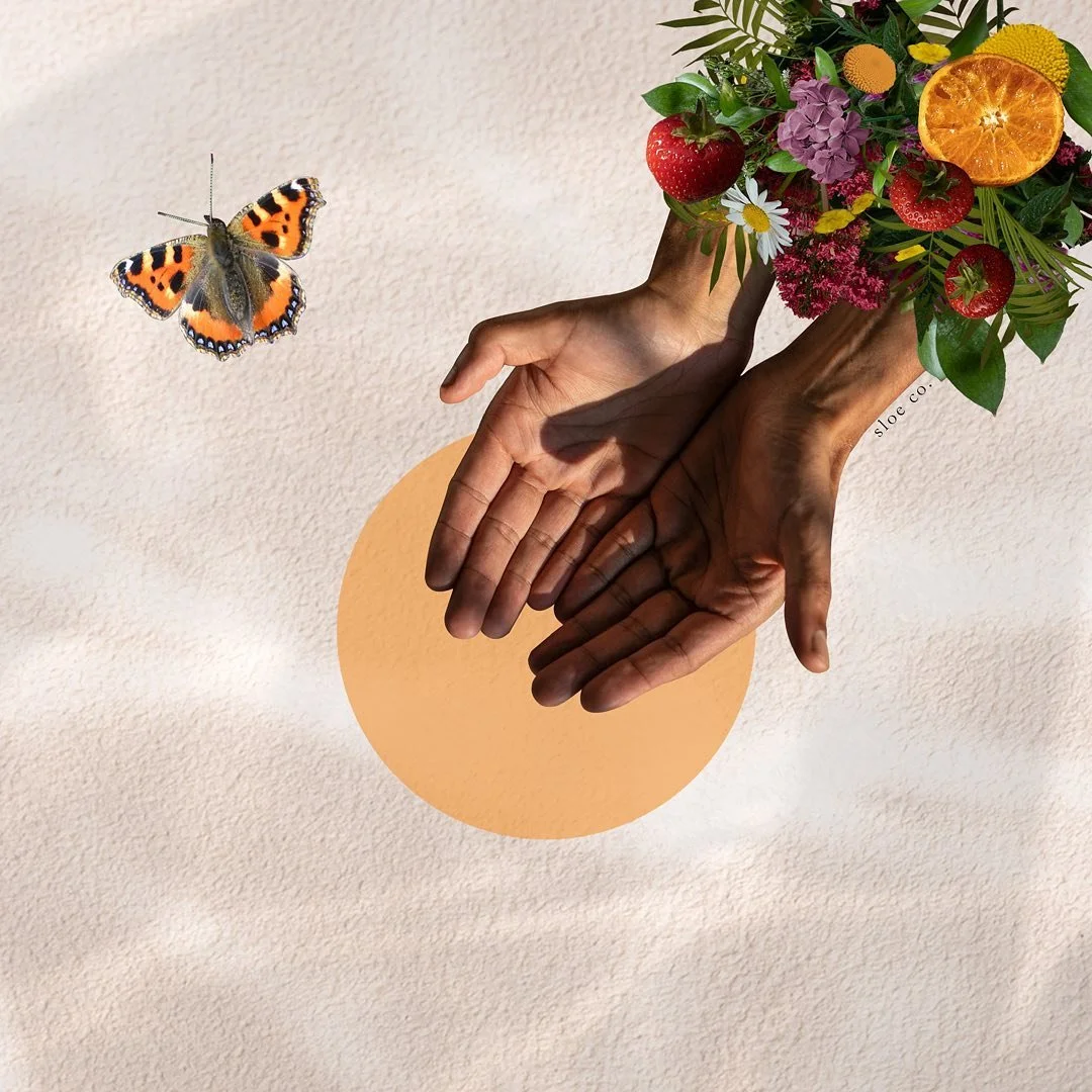 Digital collage exploring the word hope, made from floral, botanical elements, fruit, a butterfly and human hands
