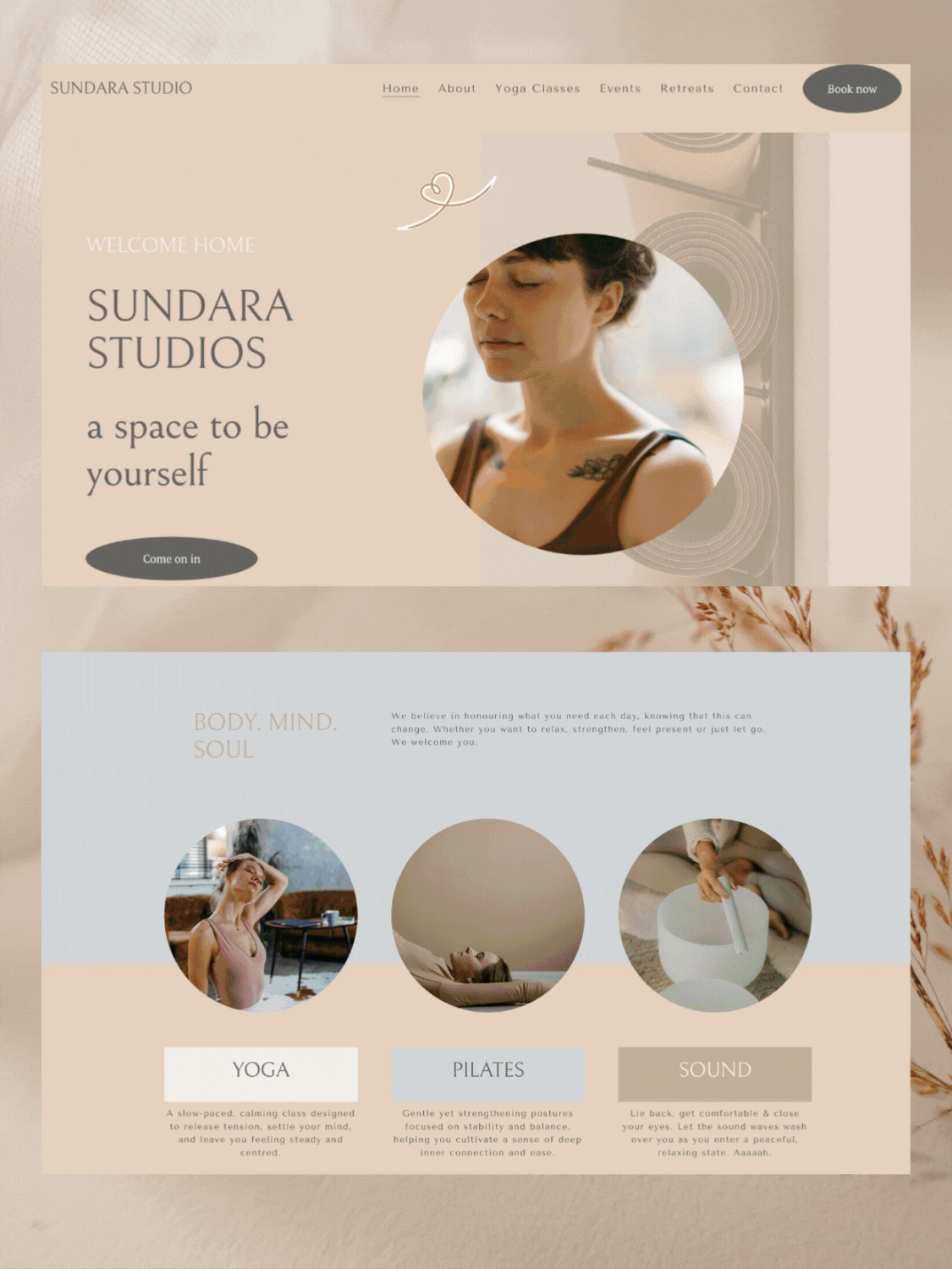 Website homepage for Sundara Studios, featuring yoga, Pilates, and sound healing classes with relaxing images of people practicing yoga and meditation.