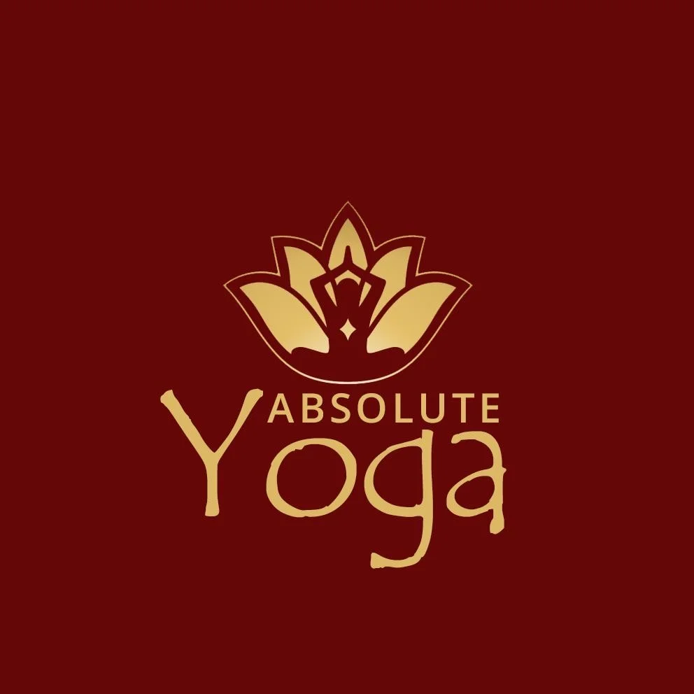 Logo for Absolute Yoga featuring a stylized lotus flower above the words 'ABSOLUTE Yoga' in gold on a red background.
