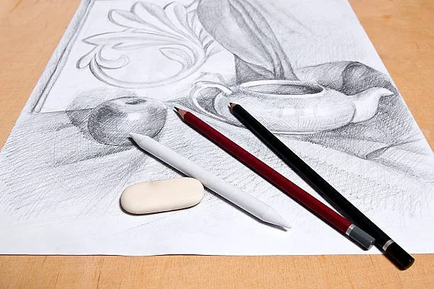 Picture of drawing pencils, blending stick, and eraser on top of a still life sketch.