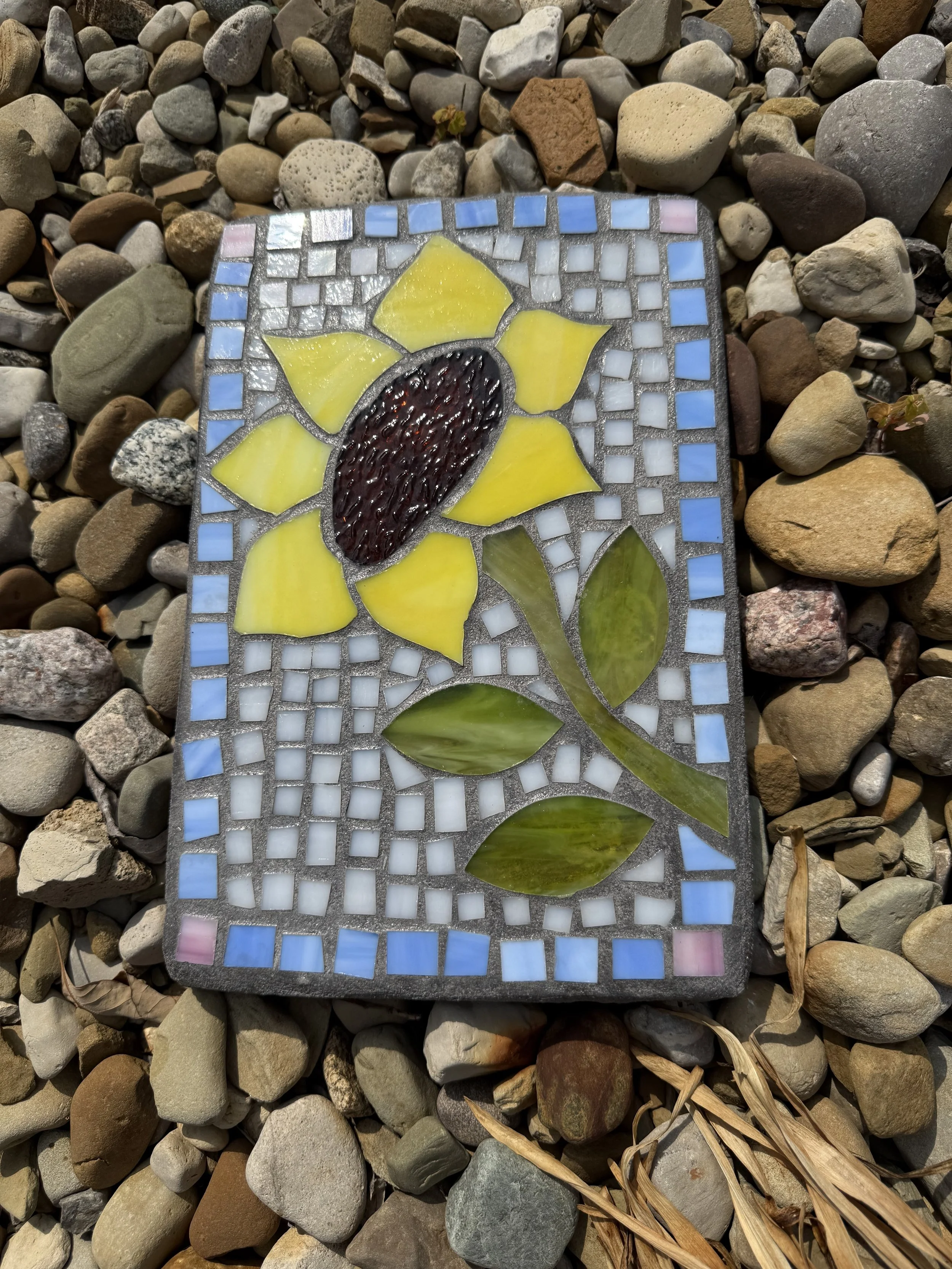 Mosaic stepping stone featuring one large yellow and black sunflower with green stem; includes a glass border.