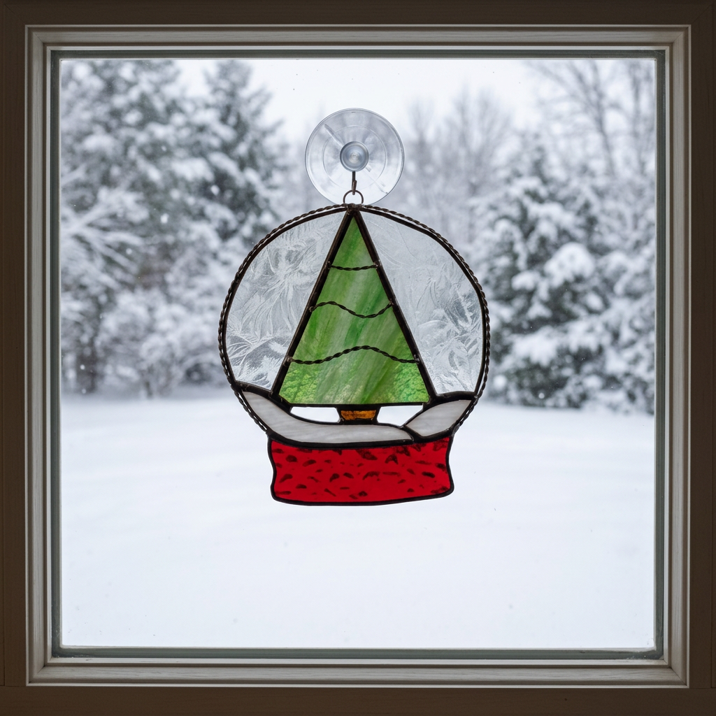 Stained glass Christmas Tree in a snow globe ornament.