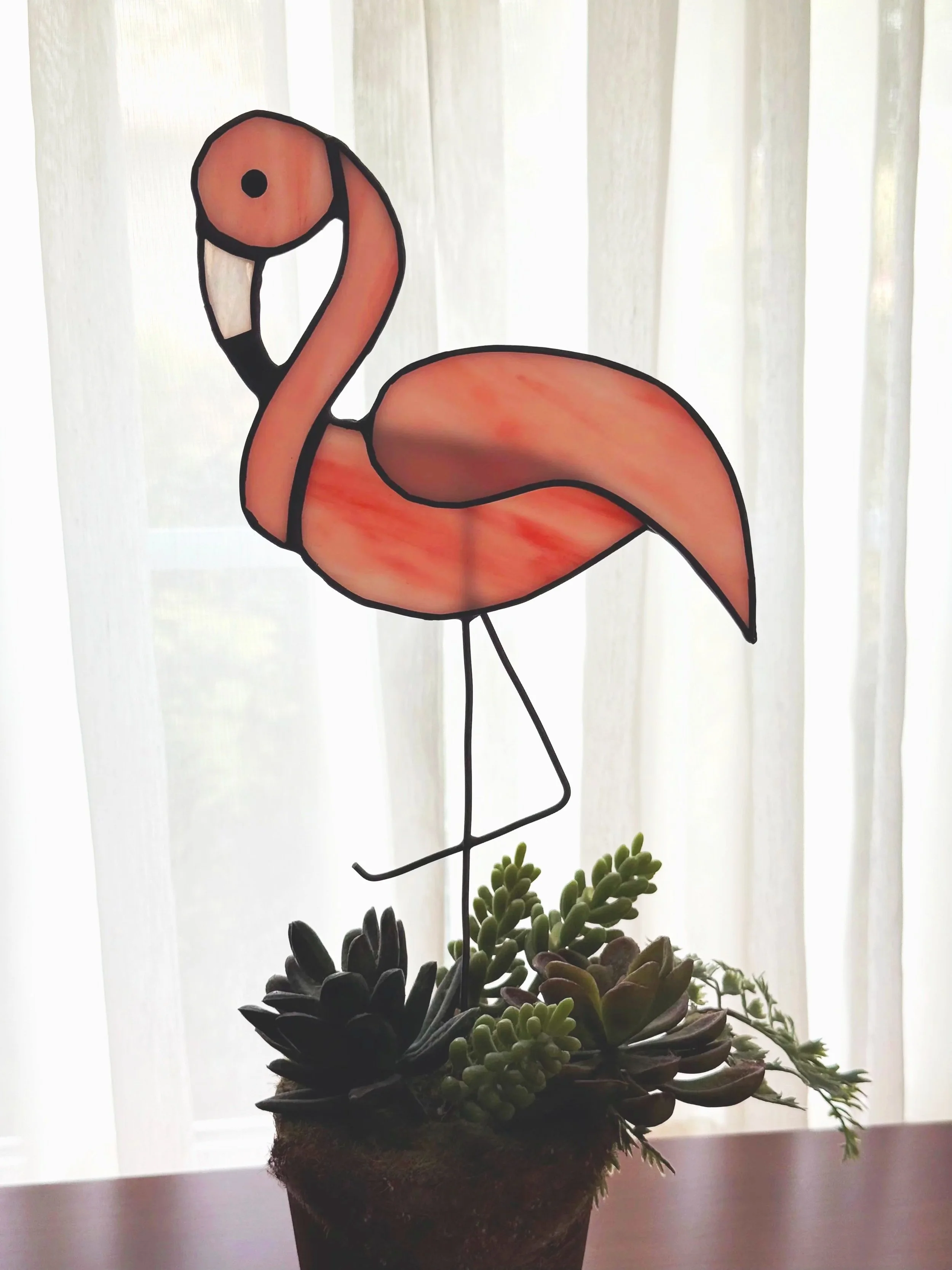 Stained glass pink flamingo pot stake.