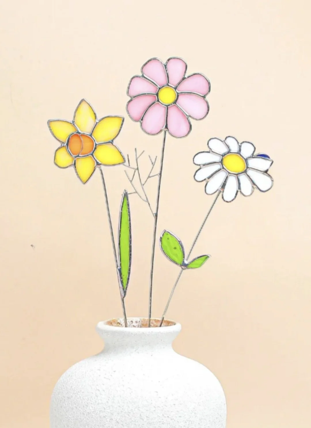 Example of three stained glass flower picks for an indoor vase.