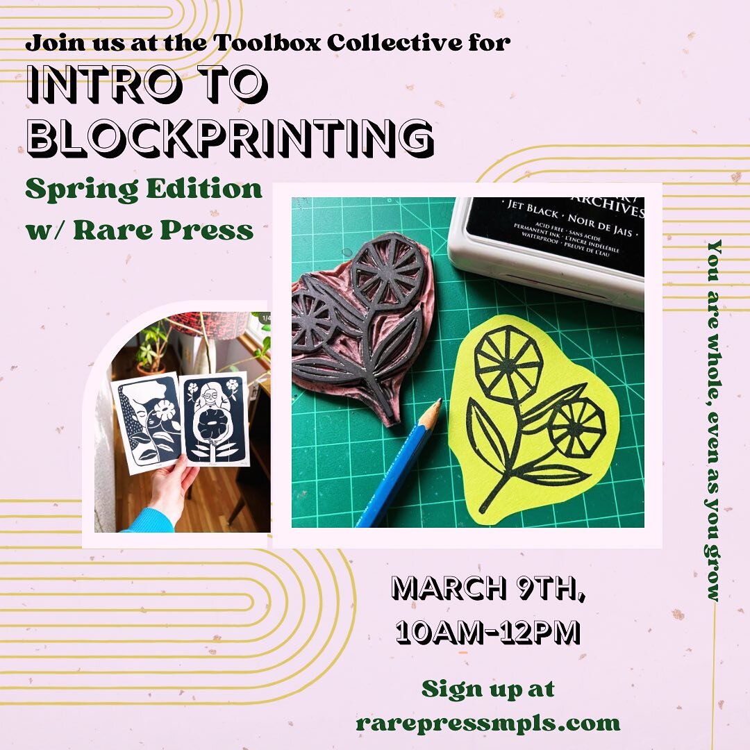 Intro to Blockprinting with a focus on Spring inspired prints with @rarepress March 9th from 10am- 12pm.

Lizzie will walk you through the steps of creating your own stamp, from sketching, transferring your drawing to rubber, carving and printing. Th