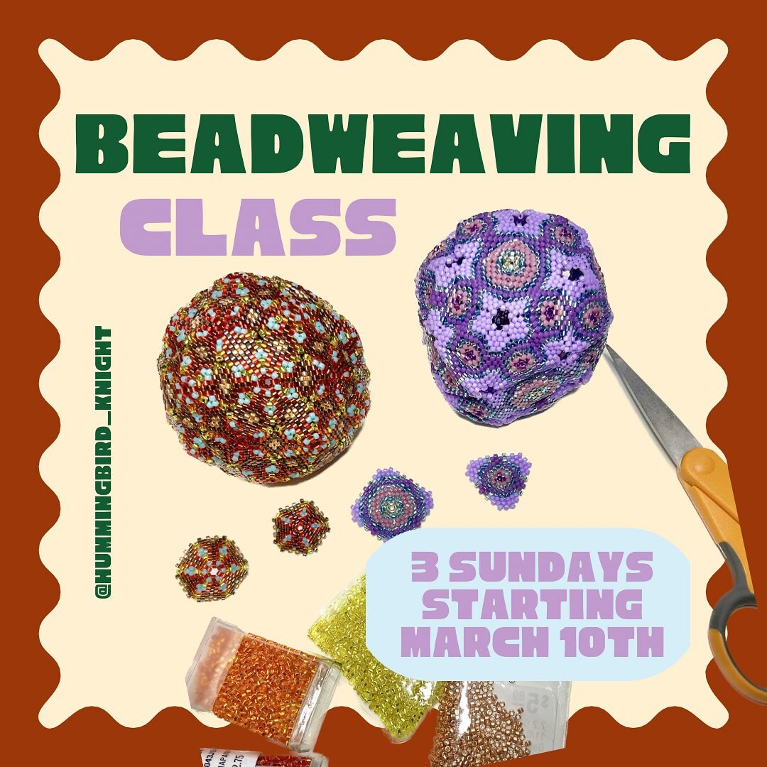 Beadweaving with Erin Pe&ntilde;a, 3 consecutive Sundays, March 10th,17th and 24th from 3pm-5pm.

In this class you will learn the basics of geometric peyote stitch, using hand weaving techniques to create flat shapes that you will then join together
