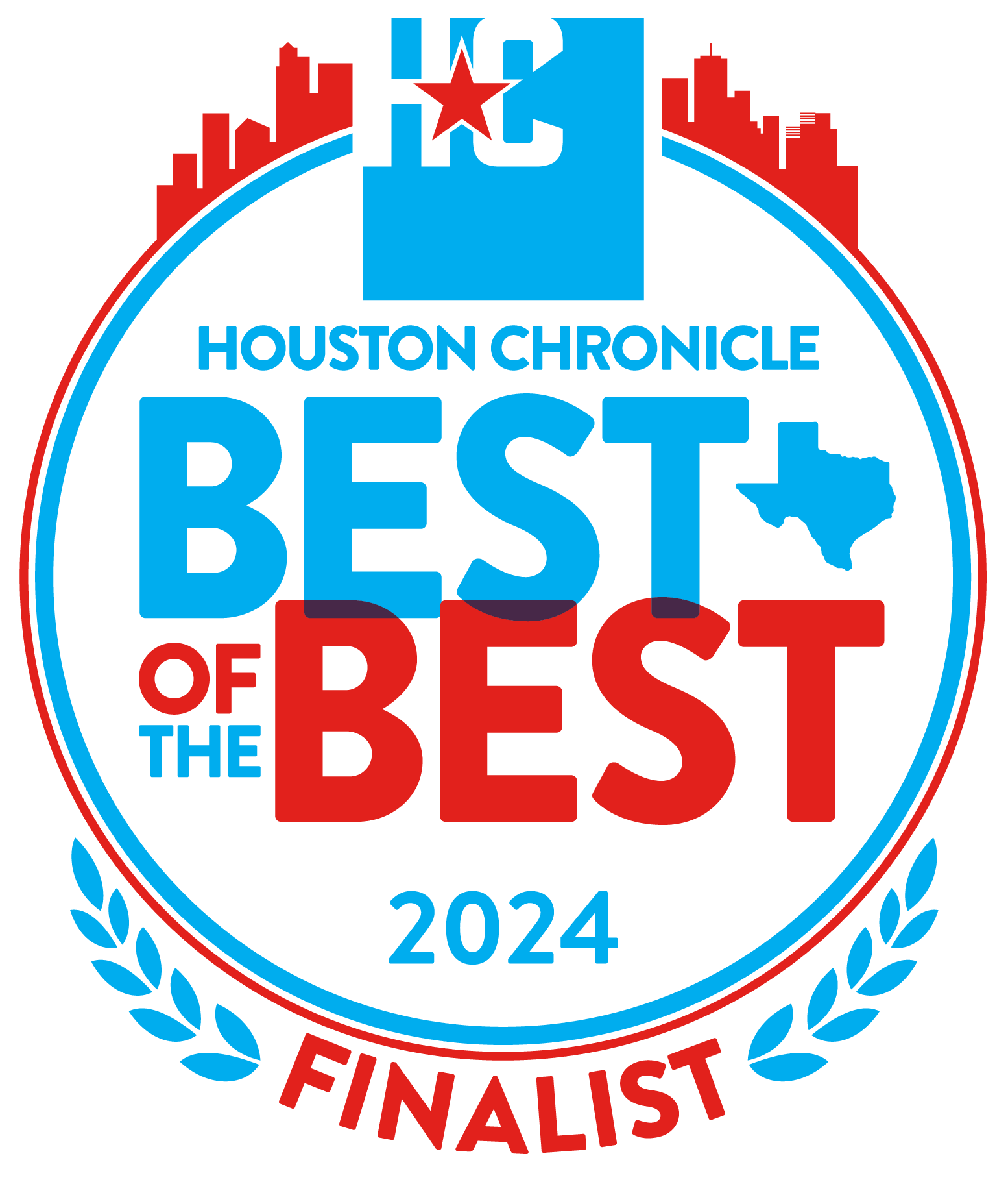Badge indicating the Houston Chronicle's 2024 Best of the Best finalist, given to True Skin Aesthetics