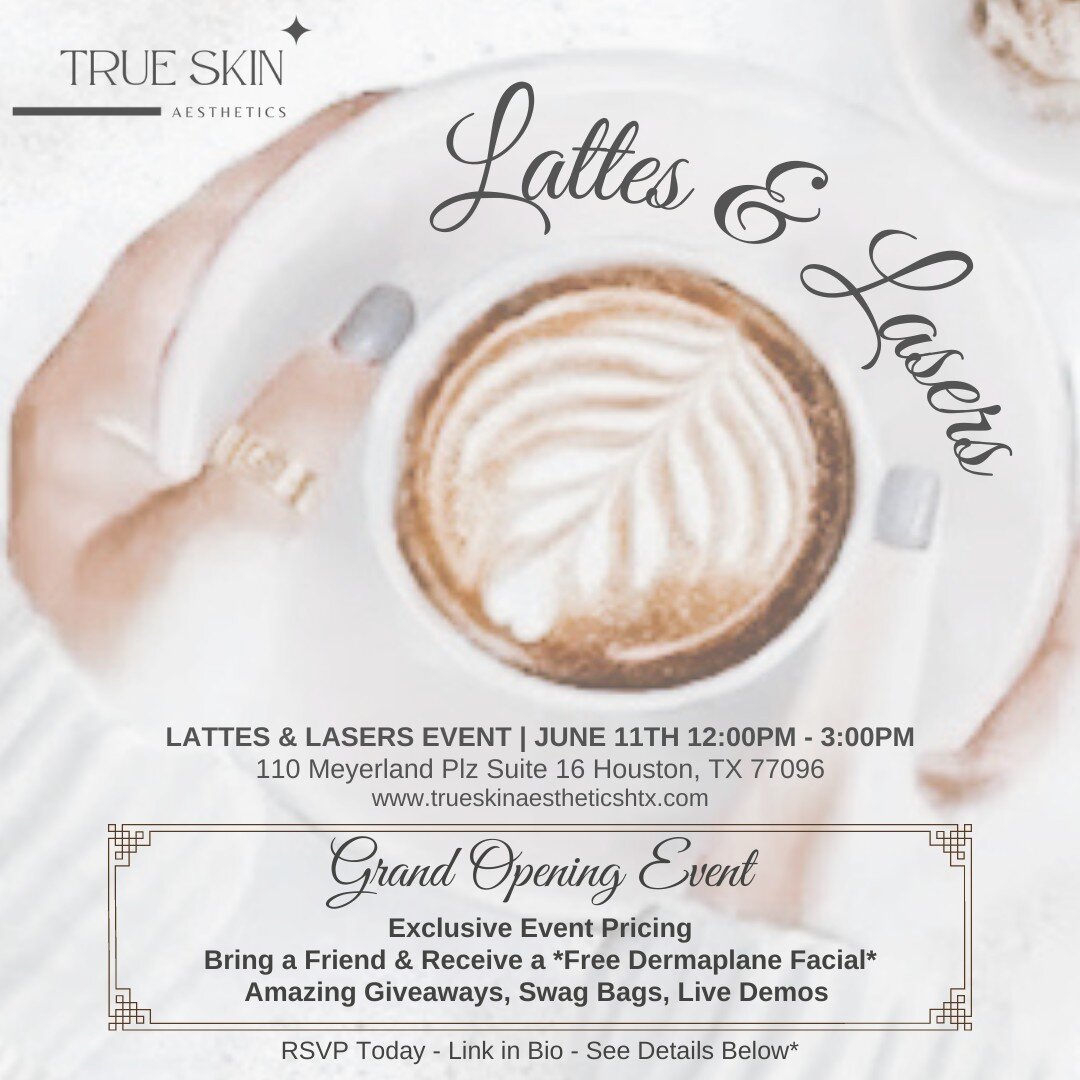 We're excited to invite you to our Lattes &amp; Lasers - Grand Opening Event
June 11th, Sunday from 12pm-3pm
⭐️Link in Bio to RSVP⭐️

We will have exclusive event pricing, swag bags for the first 20 guests, AMAZING giveaways, live demos, light bites,