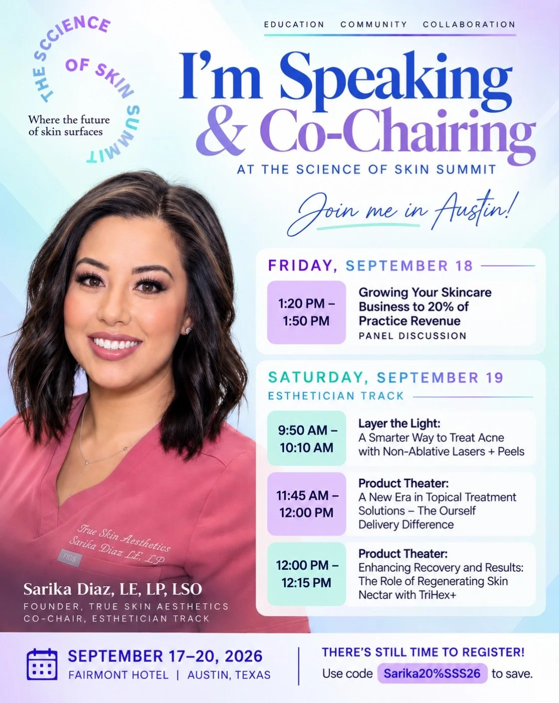 @scienceofskinsummit is almost here! 🎉🤍

I&rsquo;m so excited to be back in Austin as a speaker and Co-Chair for the Esthetician Track. This meeting is always one of my favorites. Incredible education, an amazing community, and so much inspiration.