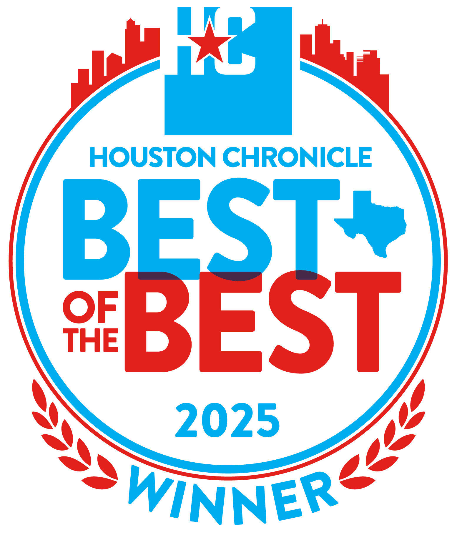 Badge indicating the Houston Chronicle's 2025 Best of the Best winner, won by True Skin Aesthetics