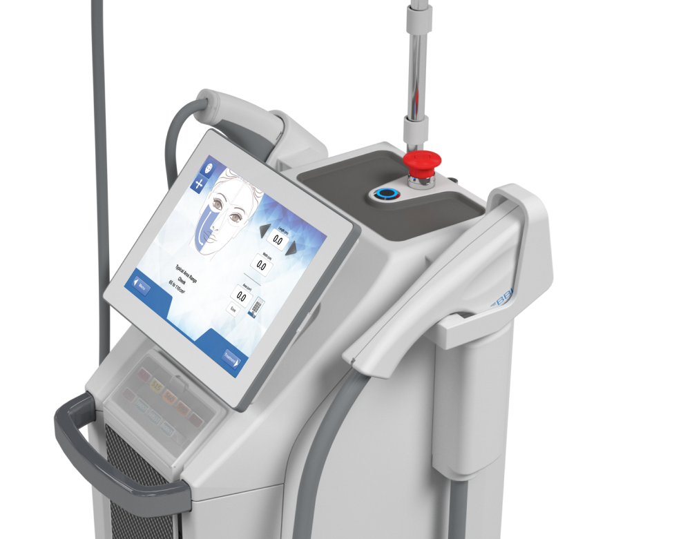 A Sciton MJule medical Aesthetic device with a touchscreen display showing a face and various measurements, with a red button and a stand with a rod attached.
