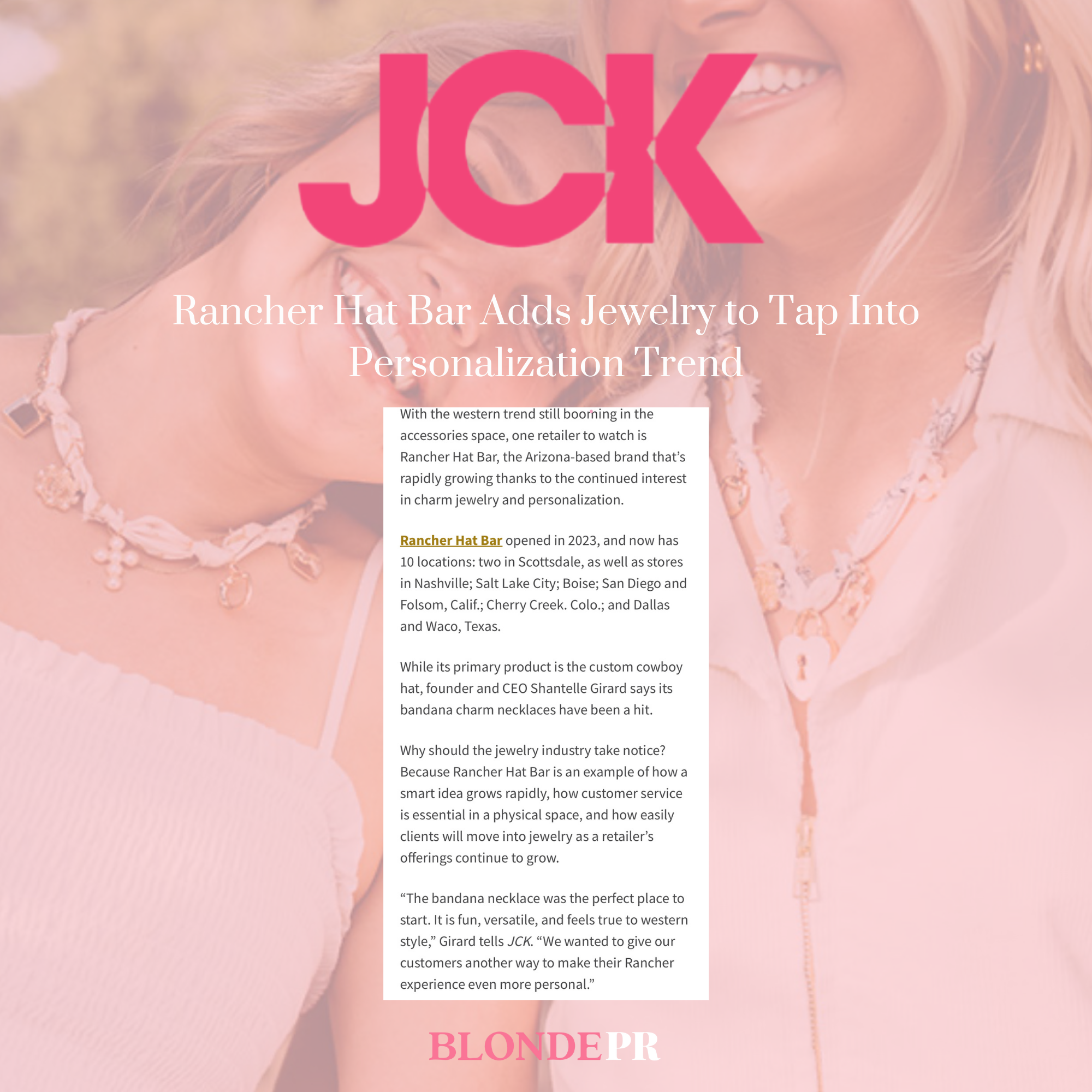 Cover page of a magazine article titled "JCK Rancher Hat Bar Adds Jewelry to Tap Into Personalization Trend" with a background photo of two women smiling, wearing jewelry and cowboy hats.