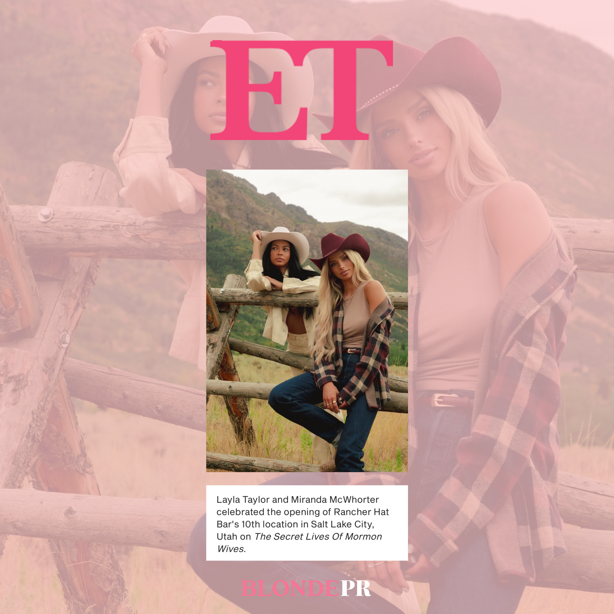 Two women in cowboy hats, one with dark hair and one with blonde hair, posing outdoors with mountains and a wooden fence in the background. The blonde woman is wearing a plaid jacket and jeans, while the dark-haired woman is wearing a light-colored shirt.