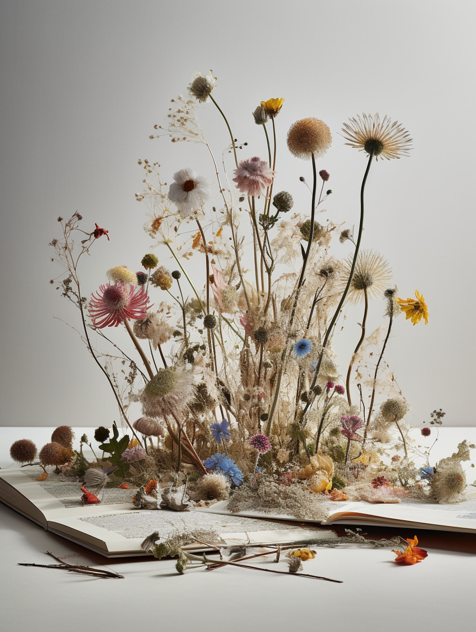 Bog med tørrede blomster sat opad åbne sider, formet som en kunstnerisk installation.