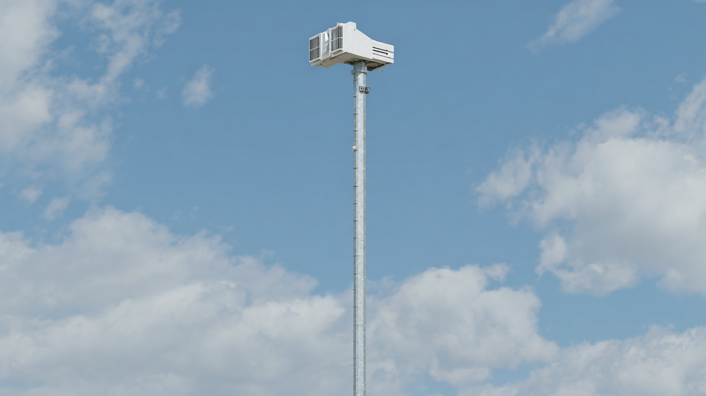 Udsigt af en højtaler, der er placeret på en metalstang mod en blå himmel med spredte skyer.