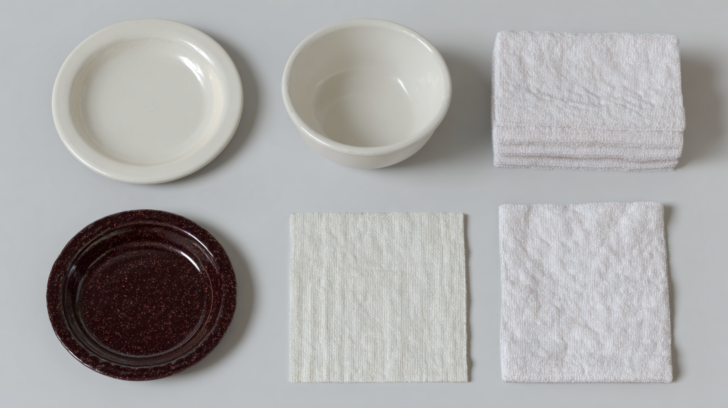 To hvide tallerkener og en hvid skål, en hvid klud, en sort tallerken og to hvide servietter på en hvid baggrund.