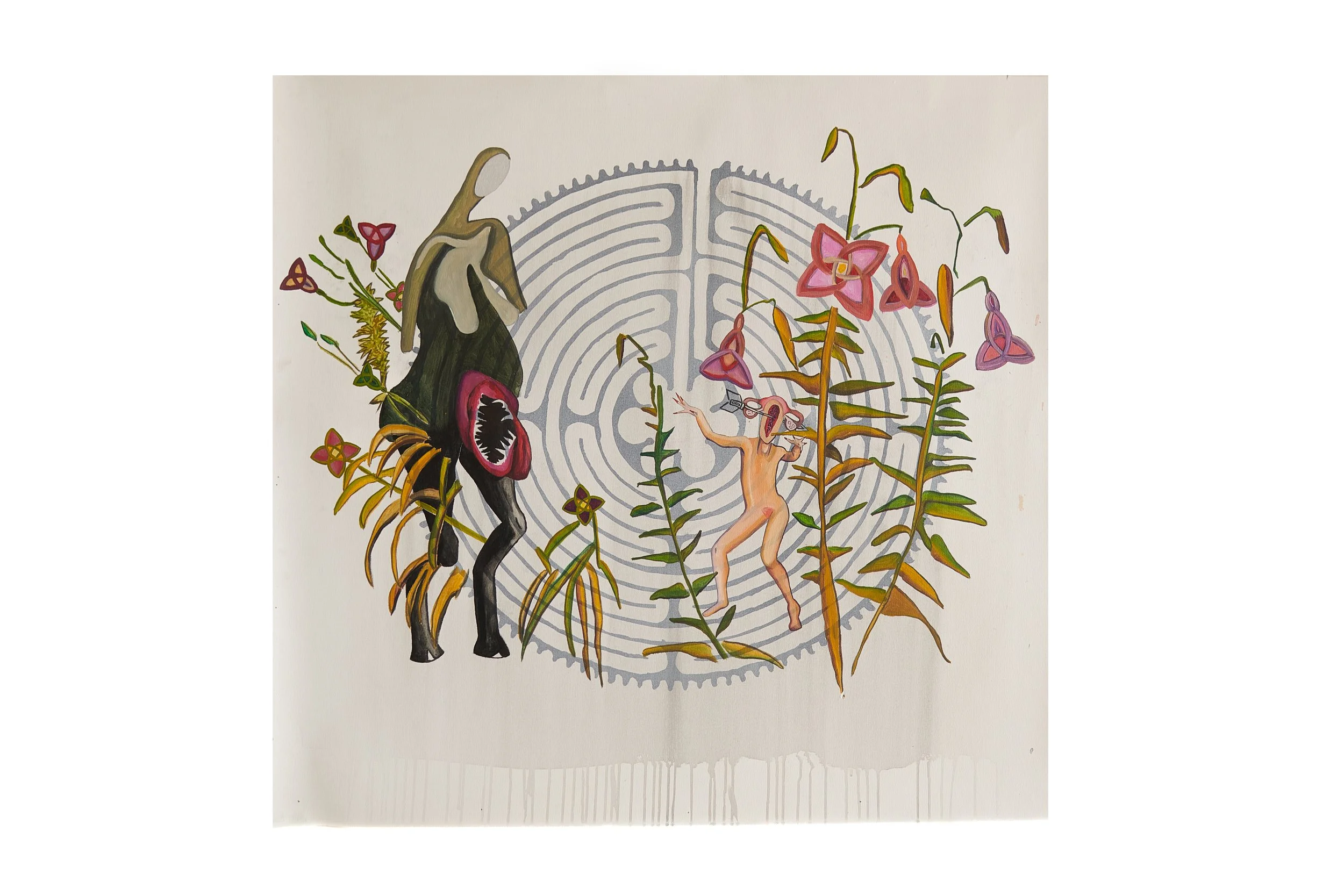 Abstract painting featuring two humanoid figures amidst large, colorful plants with a maze-like pattern in the background. One figure is dark with a red mouth-like shape on the torso, and the other is nude, reaching out to the plants. Flowers with ge