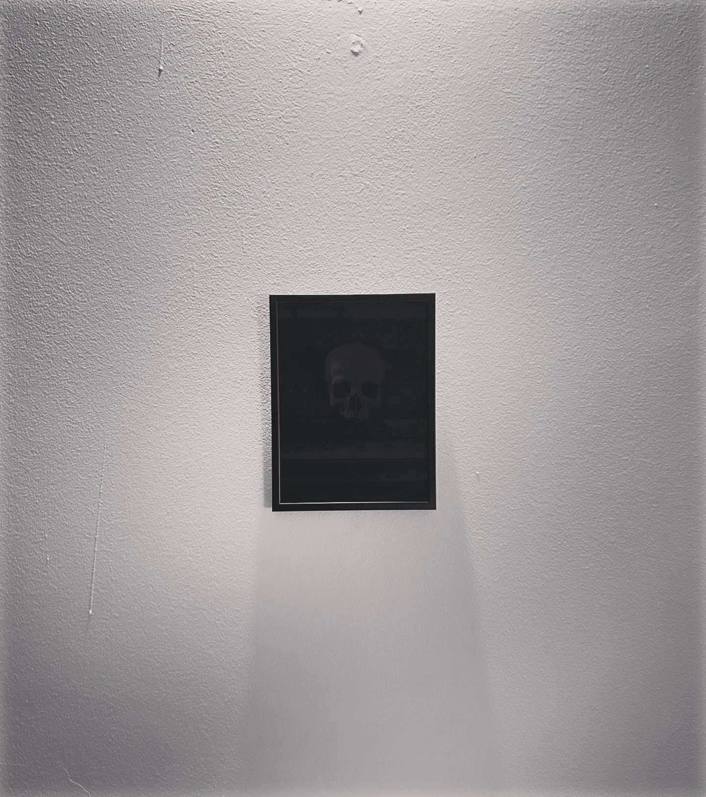 A white textured ceiling with a black framed picture of a skull on it, casting a shadow.