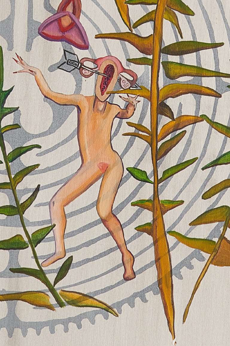 Abstract painting of a surreal humanoid figure with exaggerated features, surrounded by plants and geometric patterns, emphasizing a dreamlike or otherworldly theme.