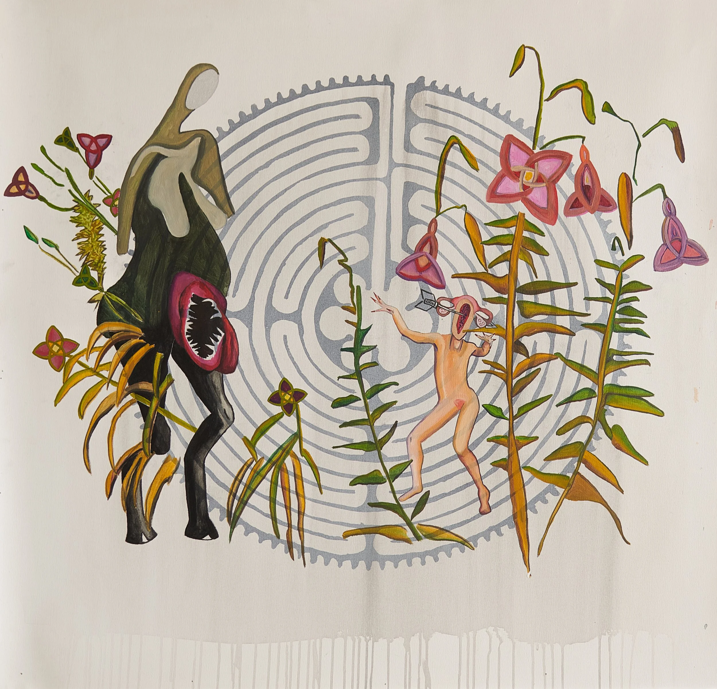 Abstract painting featuring a labyrinth background, stylized humanoid figures, and large, surreal flowers with leaves. One figure is dark and cloaked, the other is nude with a mask. Dripping effect at the bottom.