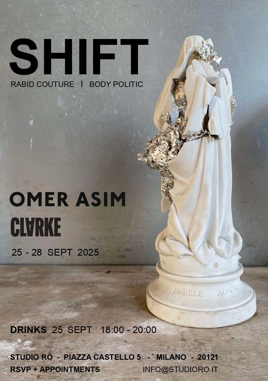 Event poster for 'SHIFT' art exhibition by Omer Asim Clark, taking place from September 25 to 28, 2025, at Studio Rø in Milan, Italy, featuring a photograph of a white sculpture with metallic accents against a grey wall.