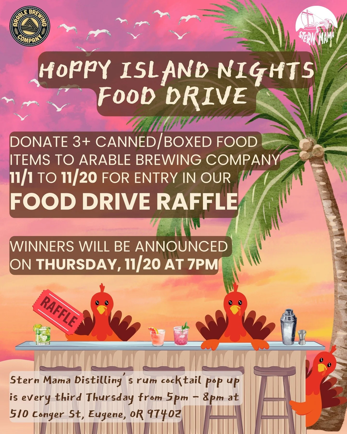 🍂 @arablebrewingcompany and @sternmamadistilling are teaming with @foodforlanecounty this November!

🦃 We will be collecting food donations at 510 Conger St in Eugene starting Saturday, 11/1 until Thursday, 11/20.

🎟 Anyone who donates at least 3 