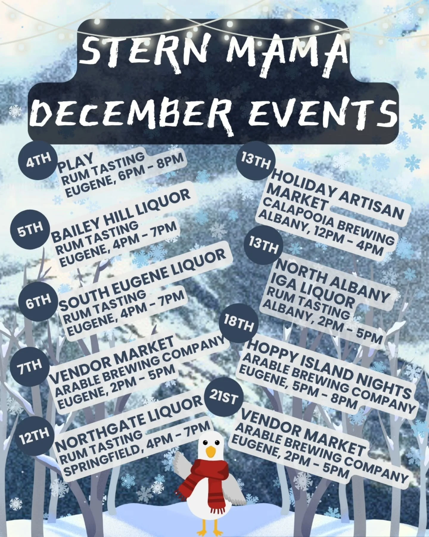 Stern Mama is starting December hard with our first QUADRUPLE WEEKEND SPECTACULAR.

We're popping up at @playeug on Thursday, 12/4, from 6pm-8pm with free samples of our silver rum.

Both our silver rum and tropical fruit rum will be available to try