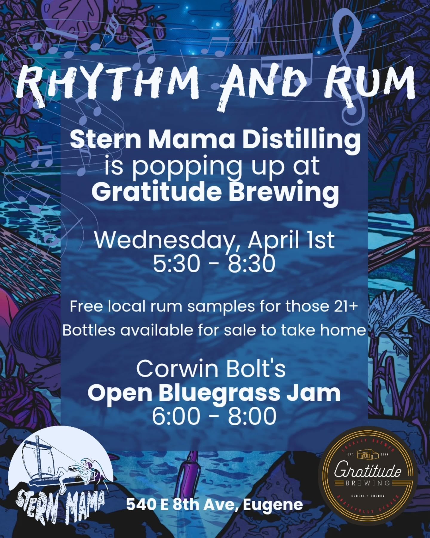 @sternmamadistilling is so grateful to&nbsp;@gratitudebeer for inviting us to pop up at their brewery! Check us out on Wednesday, April 1st, from 5:30 - 8:30 as part of this Rhythm and Rum event. 

If you're 21+ you'll be able to try free samples of 