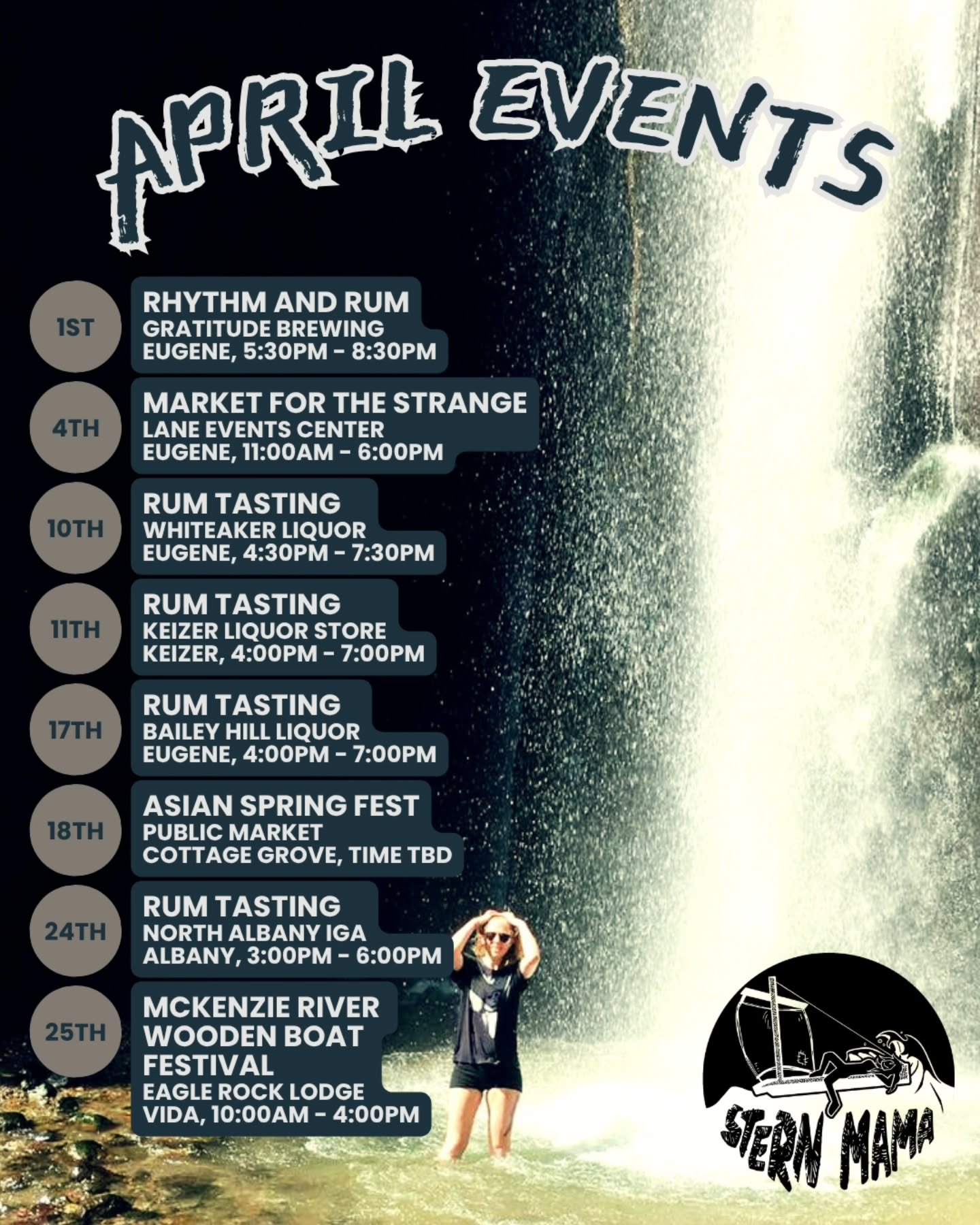 Stern Mama's April events are all set, and we've got quite the spread this month!

From our first Salem-area rum tasting at @thekeizerliquorstore (4/11) to a pop up at the @cottagegrovepublicmarket (4/18), you can expect to run into us all over Willa