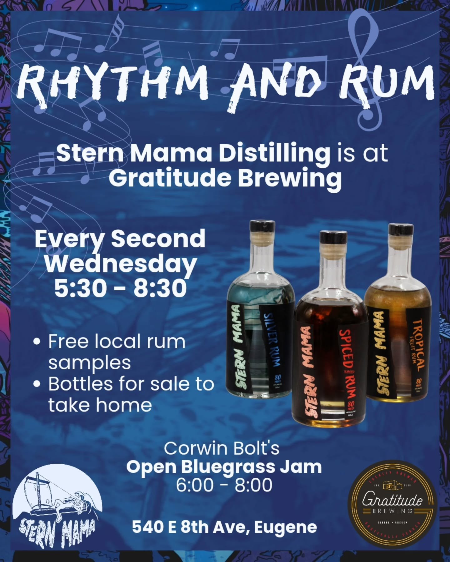 @sternmamadistilling is excited to announce that we'll be popping up at @gratitudebeer every second Wednesday, starting 5/13!

As part of our Rhythm and Rum series, anyone 21+ can try free samples of our Oregon-made rum products, with bottles for sal