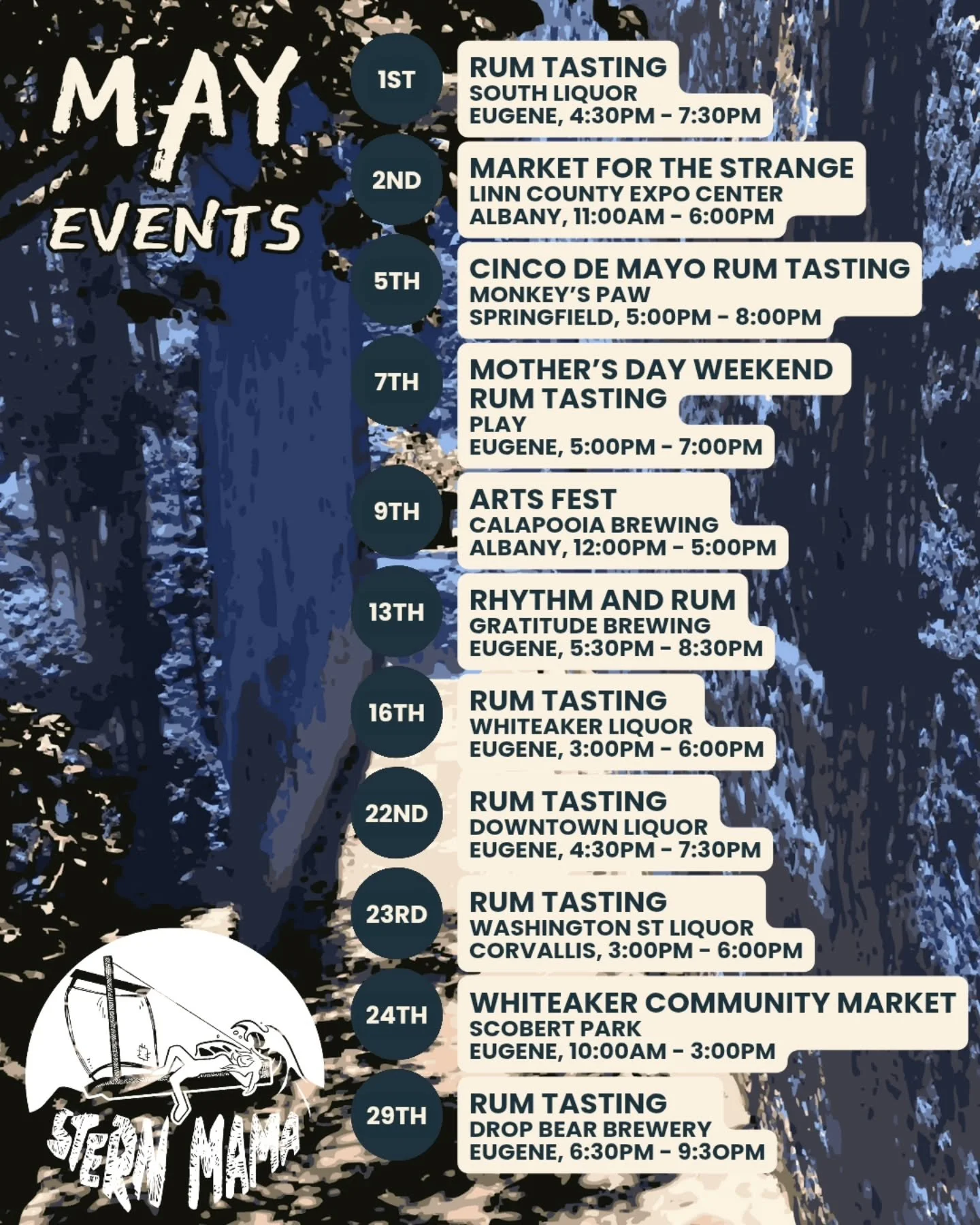 Sick of us yet? Because we are literally everywhere this May!

🍹 Bar tastings:
✔️ @themonkeyspawtikibar for Cinco de Mayo (5/5)
✔️ @playeug to kick off Mother's Day Weekend (5/7) with help from Stern Mama's own mama @rachelbushongwhitehill
✔️ @dropb