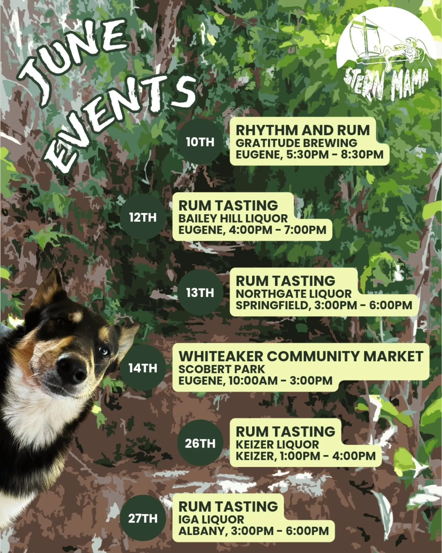 June is almost here, and with it comes a whole new calendar of Stern Mama events!

We're popping up once again at @gratitudebeer (6/10) and @whiteakercommunitymarket (6/14).

We've also got rum tastings at Bailey Hill Liquor (6/12), Northgate Liquor 